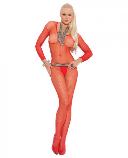 Fishnet Long Sleeves Bodystockings Open Crotch Red Qn