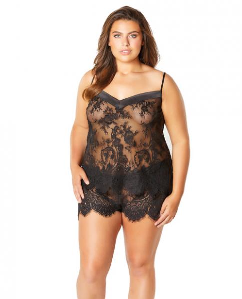 Full Eyelash Lace Camisole & Shorts Satin Edge Black 1X
