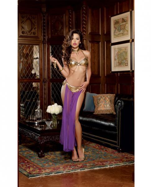 3 Pc Halter Bra W-coin Trim, Thong W-attached Mesh Skirt & Neck Collar W-chain Leash Gold O-s