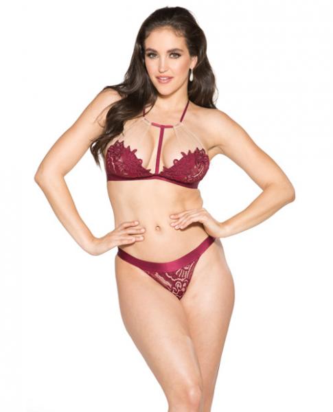 T-Front Floral Applique Bra & Panty Burgundy Nude 2X