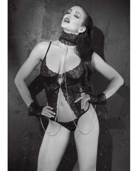 Lace Thong Teddy Underwire Cups, Collar & Cuffs Black XL