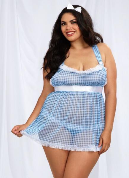 Kansas Cutie Apron Babydoll, Hair Bow & Panty Blue White OQ