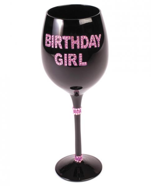 Birthday Girl Wine Glass Pink Stones Black