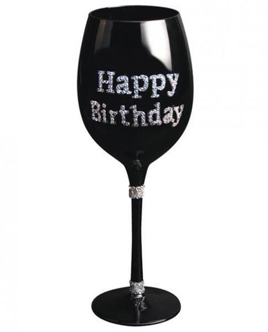 Happy Birthday Wine Glass Clear Stones Black