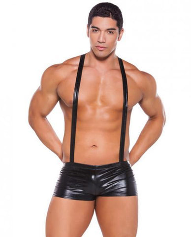 Wet Look Suspender Shorts Black O-S