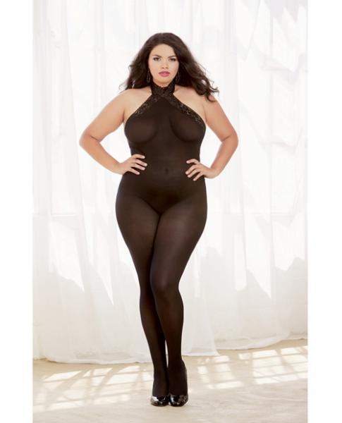 Semi Sheer Halter Bodystocking Lace Up Back Black Qn