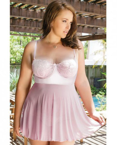 Lace Mesh & Satin Soft Cup Babydoll G-String Rose Dust 3X-4X