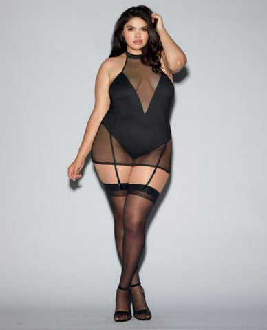 Two Layer Garment, Fishnet Halter Chemise Teddy Black 1X