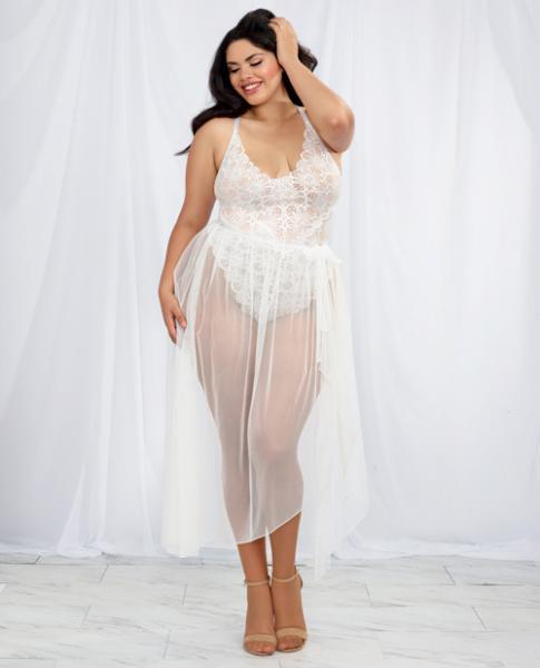 Lace Teddy, Mesh Maxi Skirt & G-String White 1X