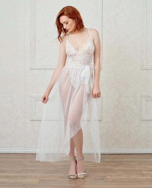 Lace Teddy, Mesh Maxi Skirt & G-String White Sm