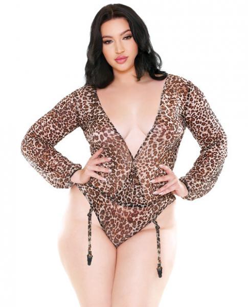 Shiva Long Sleeve Teddy With Garters Leopard Print 1X-2X