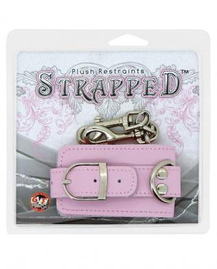 Strapped plush restraints fur lined leather cuffs - pink