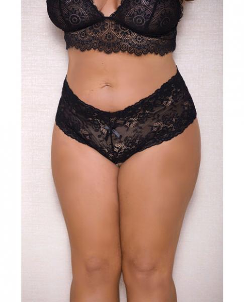 Lace, Pearl Boyshorts Satin Bow Accents Black 1X-2X