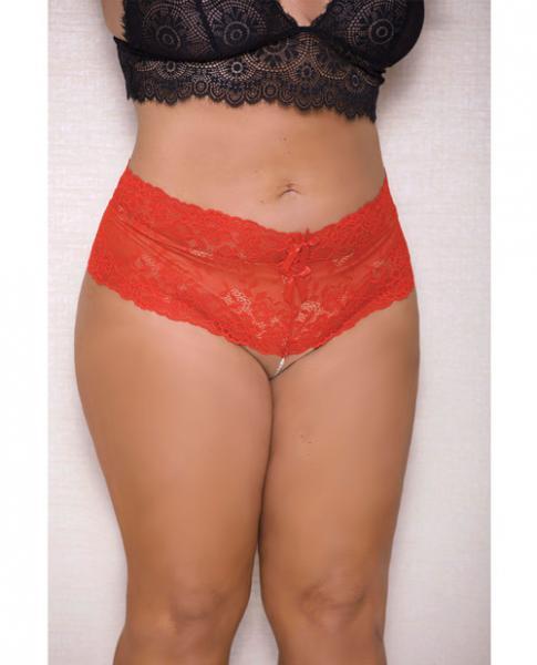 Lace, Pearl Boyshorts Satin Bow Accents Red 3X-4X