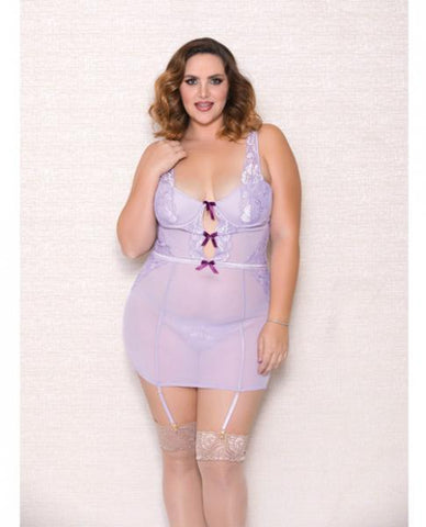 Lace, Mesh Chemise, Garter & G-String Lavender 1X