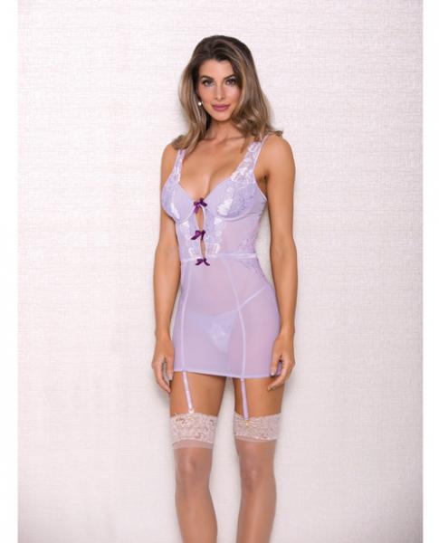 Lace, Mesh Chemise, Garter & G-String Lavender Lg