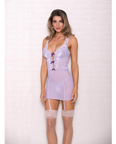 Lace, Mesh Chemise, Garter & G-String Lavender Lg