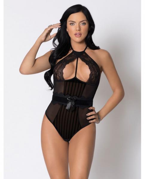 Halter Striped Mesh, Lace Teddy Lace, Velvet Waist Black Lg