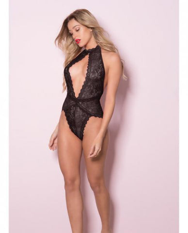 Lace Collar Teddy Front Keyhole & Open Back Black S-M