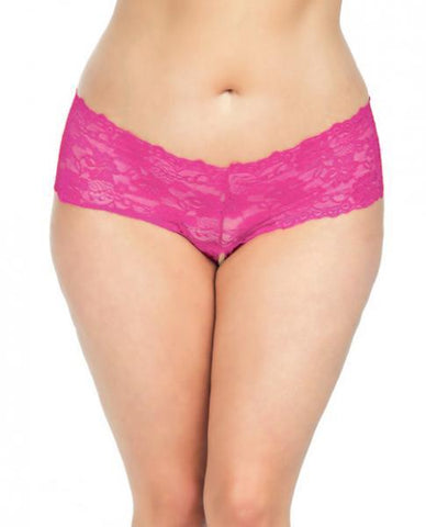 Goodnight Lace Crotchless Boyshorts Elastic Detail Pink 1X-2X