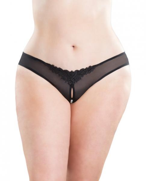 Crotchless Thong with Pearls Black O-S