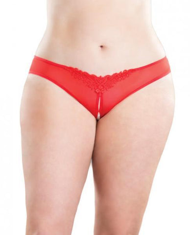 Crotchless Thong Panty with Pearls Red 1X-2X