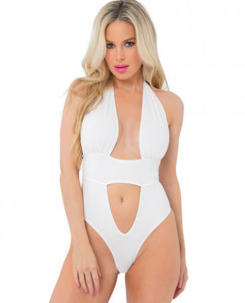 Pink Lipstick Deep Plunge Bodysuit White M-L