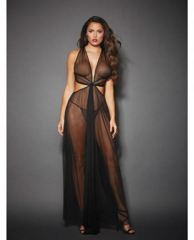 Sheer Mesh Gown Cut Out Sides, Ties In Back & G-String Black O-S
