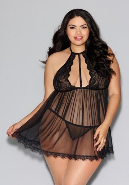 Babydoll High Neckline & G-String Black Qn