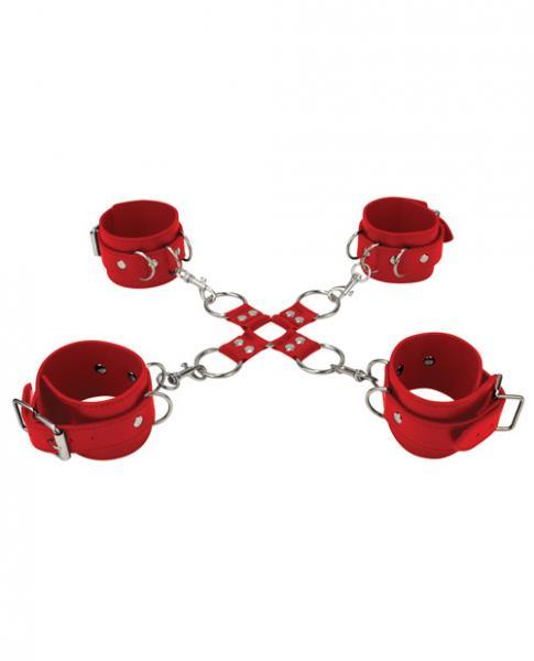 Ouch Leather Hand and Leg Cuffs Red