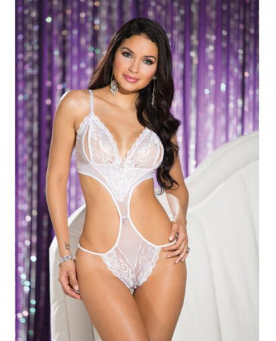 Stretch Lace Mesh Open Bust Teddy White X-Large