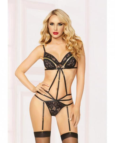 Floral Lace Teddy Underwire, Garters & Thong Black O-S