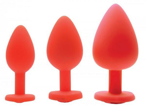 Frisky Red Hearts 3 Piece Silicone Anal Plugs with Gems