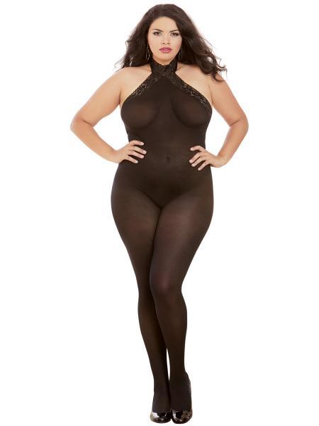 Semi Sheer Halter Bodystocking Queen Black