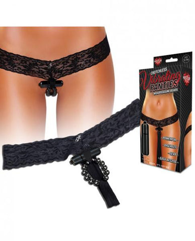 Hustler Crotchless Vibrating Panties Pleasure Beads Black M-L