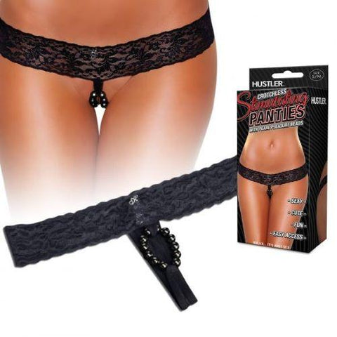 Hustler Crotchless Stimulating Panties With Pearl Beads Black M-L