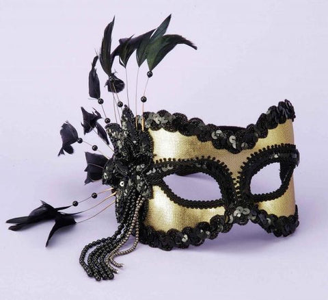 Half Mask Feathers, Beads Black-Gold