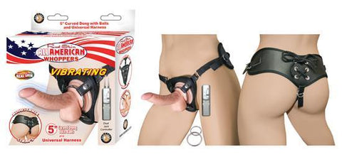 All American Whoppers 5 inches Curved Dong with Balls Beige & Universal Harness