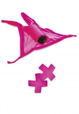 Neon Vibrating Crotchless Panty And Pasties Set Pink