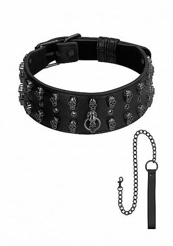 Ouch! Skulls & Bones Neck Chain With Skulls And Leash Black