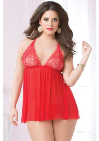 Lace, Mesh Babydoll & Thong Red Queen Size