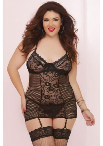 Lace, Net Chemise & Thong Black Queen Size