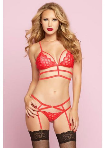Feather Galloon Lace Bra Set Red O-S
