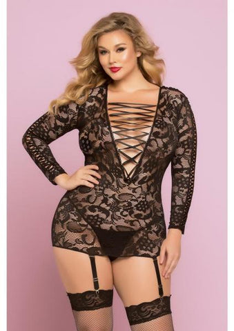 Lace Chemise, Garters & Thong Black Queen Size